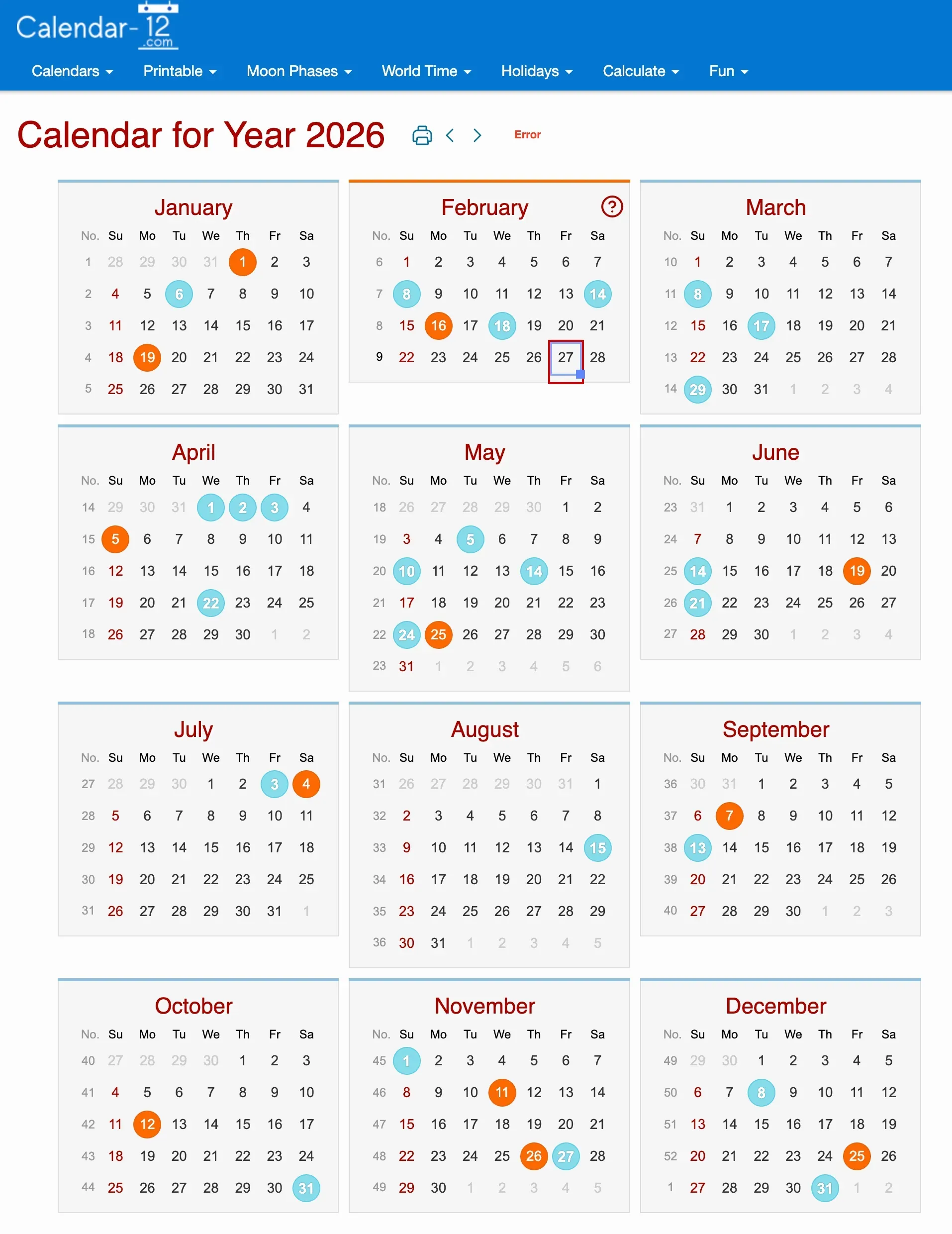 Above-the-fold displays the full current-year calendar